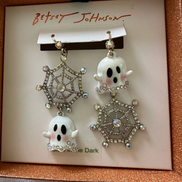 Betsey Johnson Ghost Spider Web Crystal Gothic Dangle Earrings - Picture 1 of 7